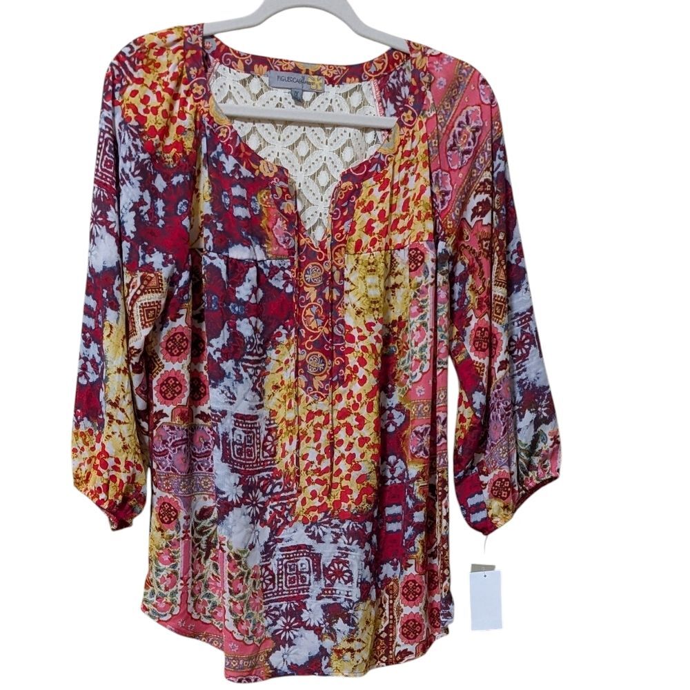 NWT Figueroa & Flower peasant blouse raspberry lace multi color plus career 1X